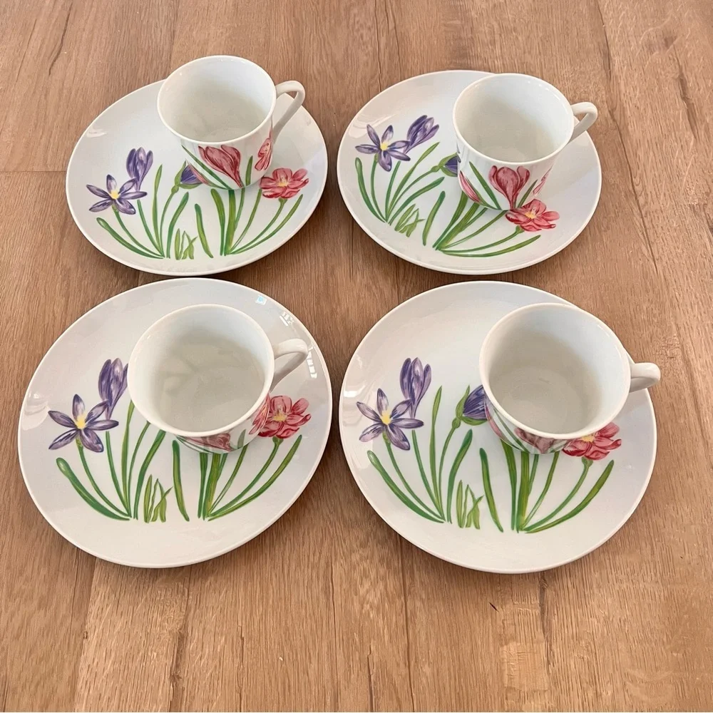 Vintage Crocus Flowers Snack Plates & Cups‎ Set Of 4 (8 PCs) - Japan Sigma Mint